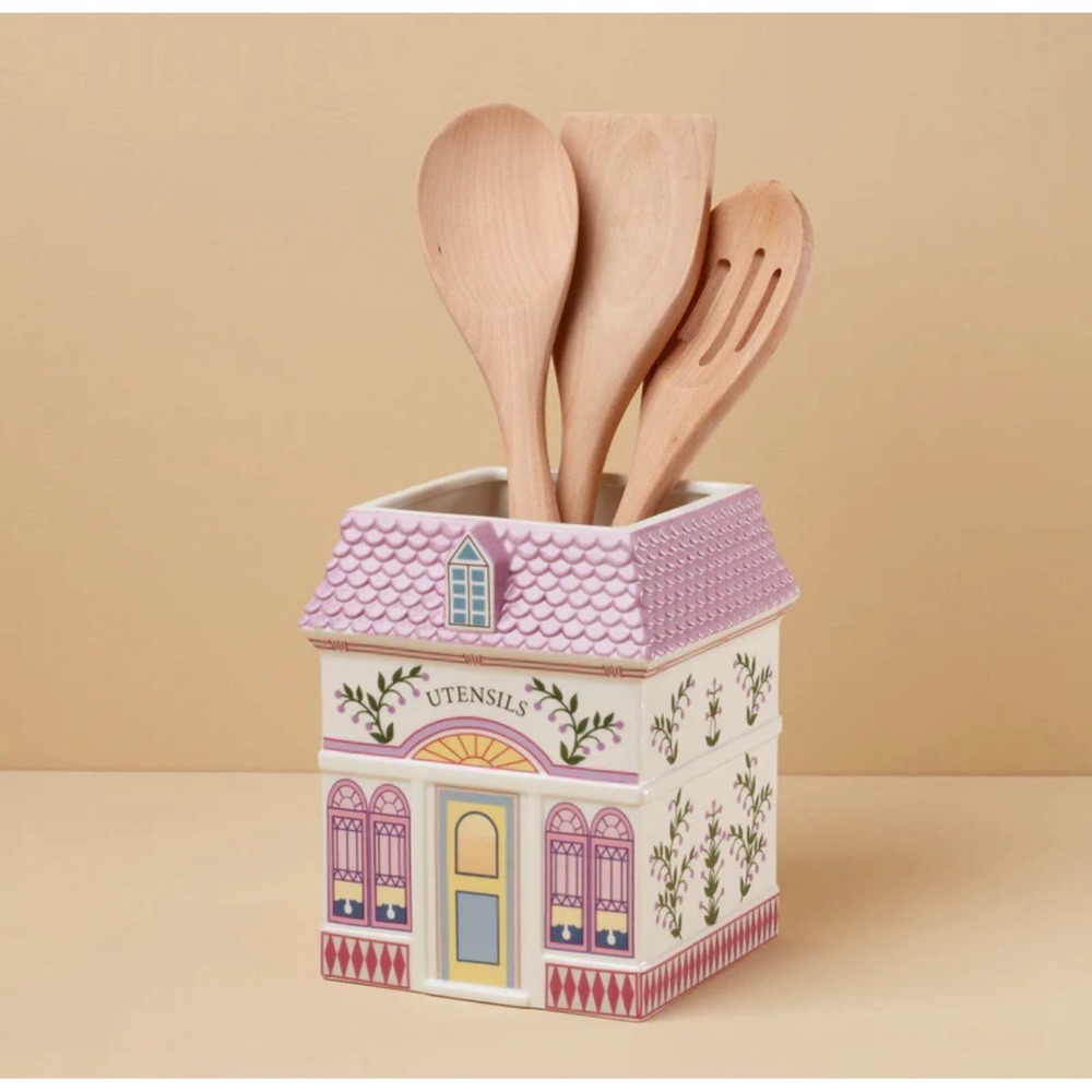 Lenox Spice Village Utensil Holder Porcelain Crock w/Wooden Cooking Spoons NEW
